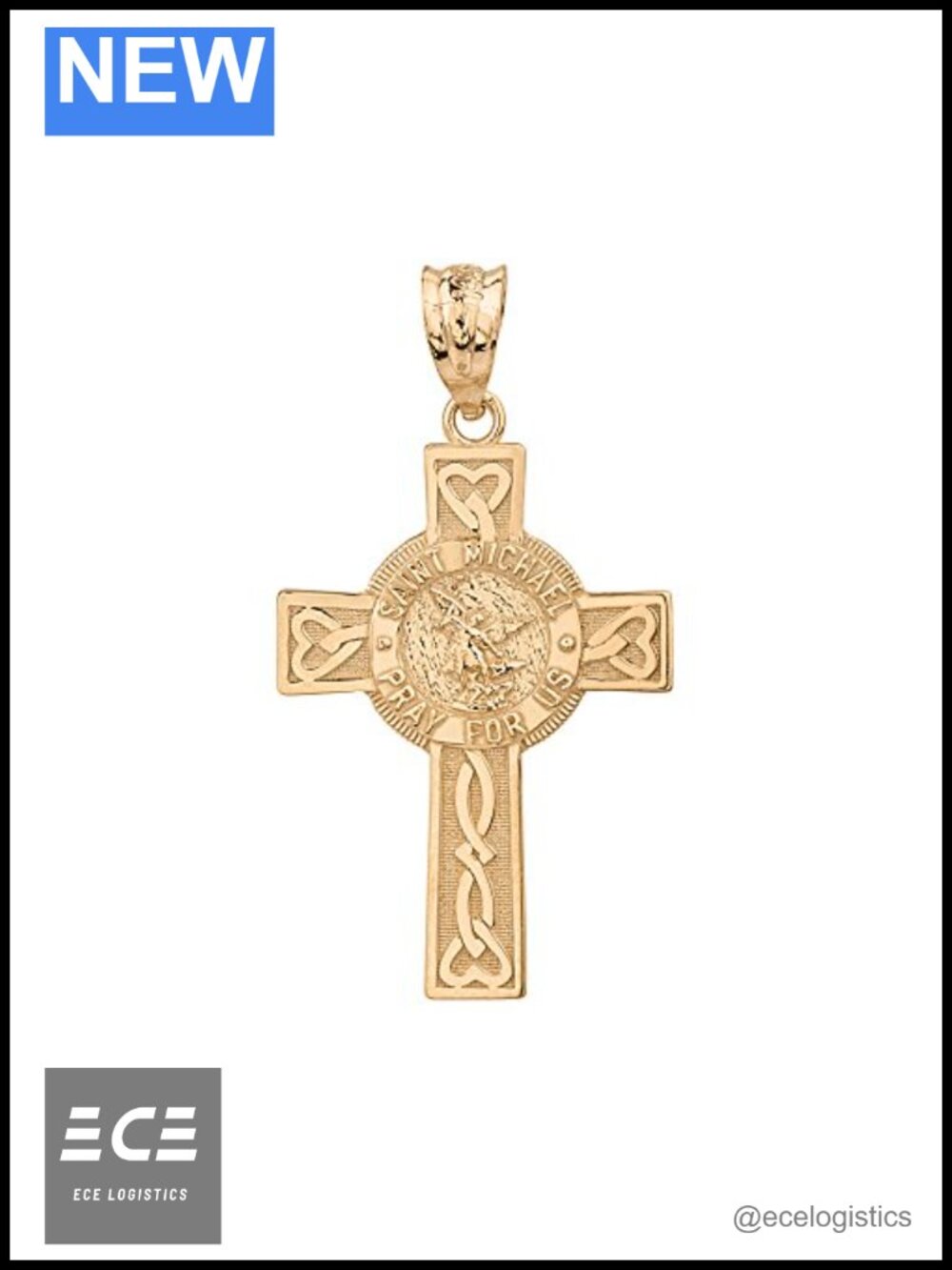 Solid 14k Yellow Gold Saint Michael Pray For Us Celtic Cross Pendant